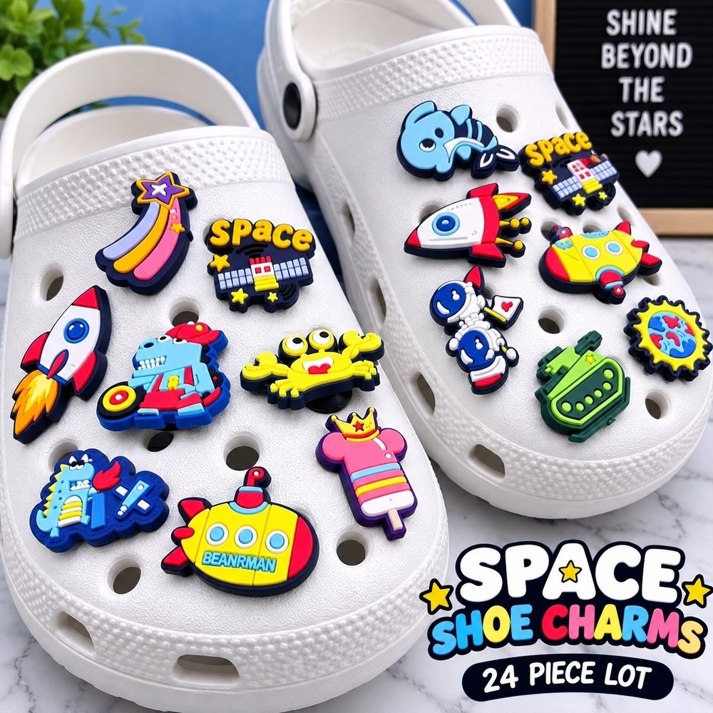 24pc Space Shoe Charms Lot Rockets Astronaut Aliens Planets Clog Accessories